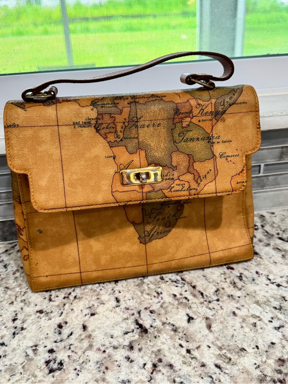 Vintage Map-Print Top Handle Satchel - Tan